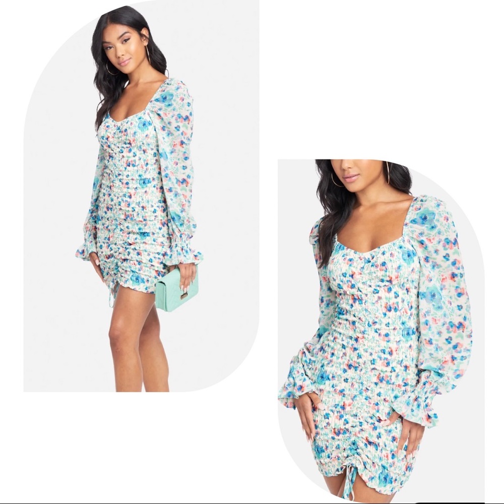BEBE PUFF SLEEVE SMOCKED PRINTED CHIFFON DRESS